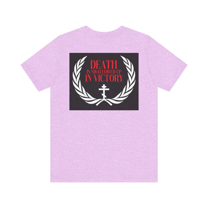The Archangel Michael of the Apocalypse Iconographic / Death is Swallowed Up In Victory DOUBLE-SIDED T-shirt features a laurel wreath and cross graphic, inspired by the Miracle at Colossae. Lightweight cotton, unisex fit.