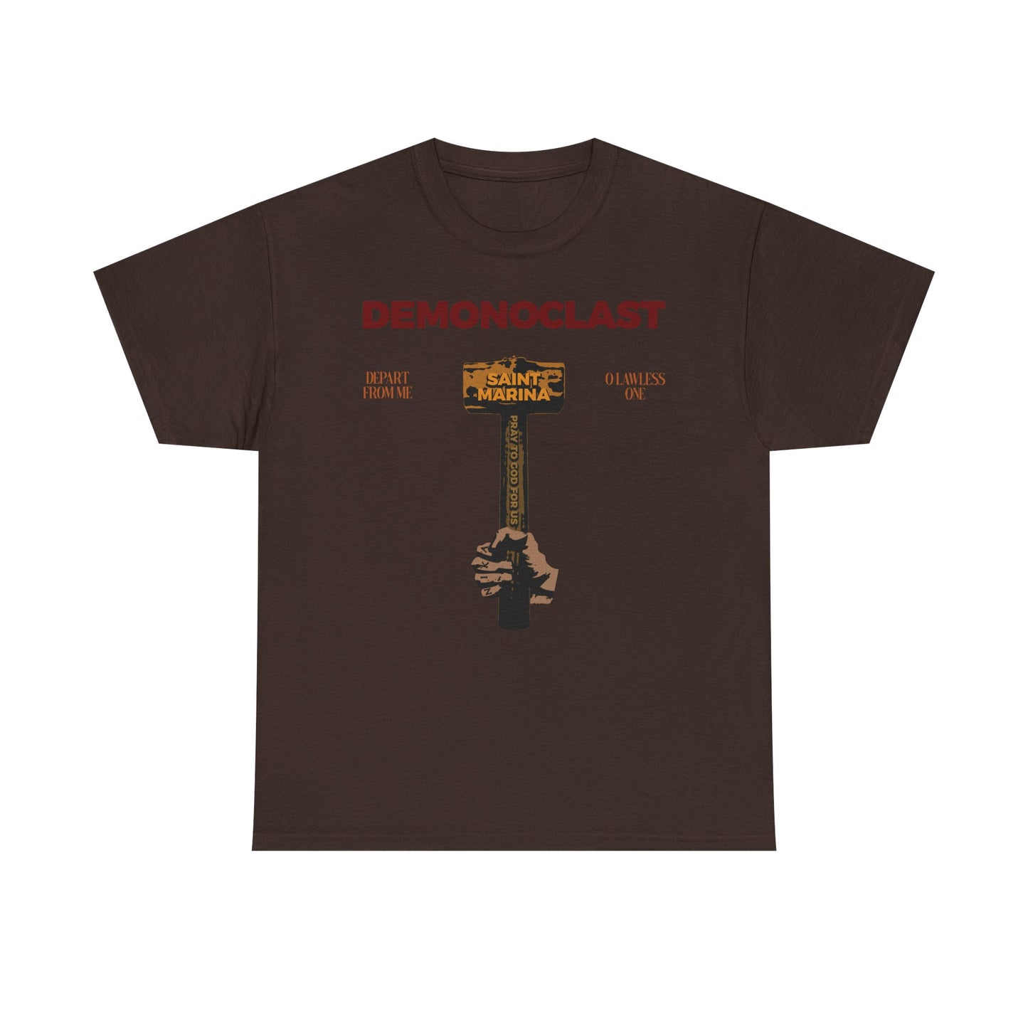 Dark Chocolate unisex midweight cotton tee featuring "DEMONOCLAST" text and a graphic inspired by St. Marina, with NIKA fist and Christ Conquers motifs. Orthodox design representing martyrdom and unseen warfare.