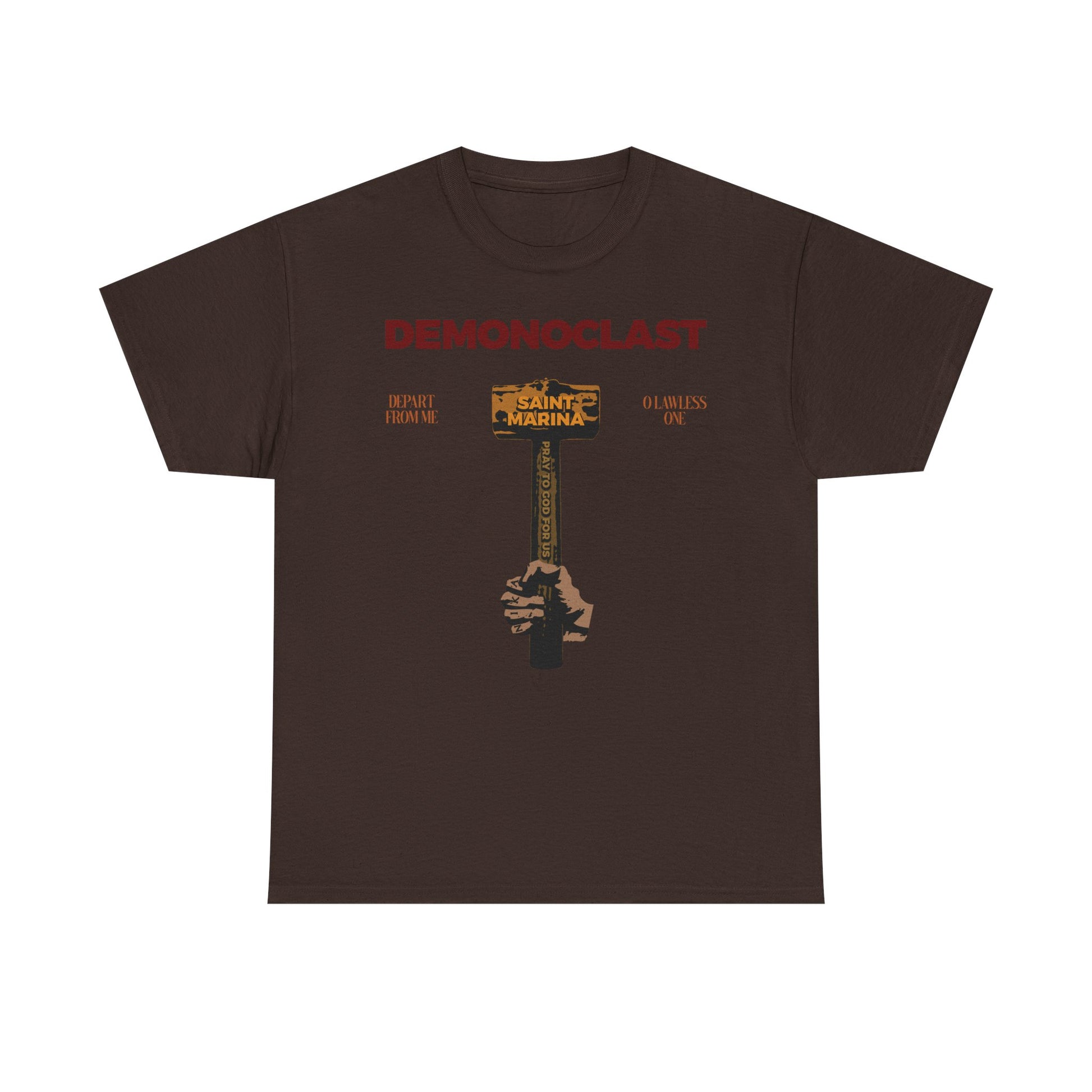 Dark Chocolate unisex midweight cotton tee featuring "DEMONOCLAST" text and a graphic inspired by St. Marina, with NIKA fist and Christ Conquers motifs. Orthodox design representing martyrdom and unseen warfare.