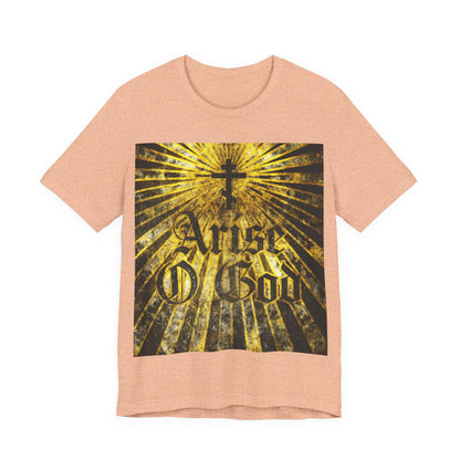Heather Peach Arise O God T-shirt featuring Psalm 81 (82 LXX) in textured Gothic font, an Orthodox cross with golden rays, and a Divine Council theme—perfect for Orthodox Christians.