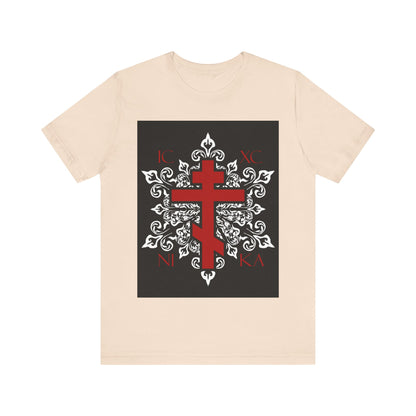 ICXC / NIKA Red Orthodox Cross on Ornate White Medieval Floral Design | Exclusive Best-Selling Orthodox Christian T-Shirt