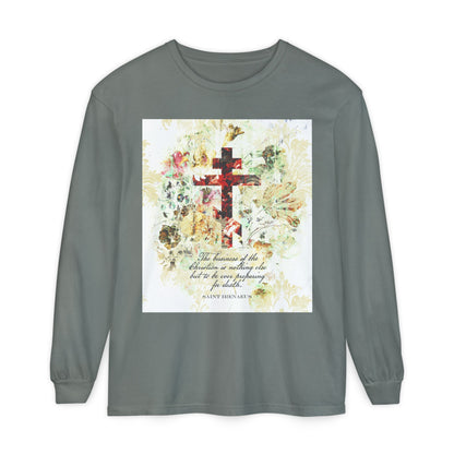 Preparing For Death | White & Beige Floral Scrapbook Texture Cross | Arts & Crafts Style | St Irenaeus | Orthodox Christian Long Sleeve Shirt