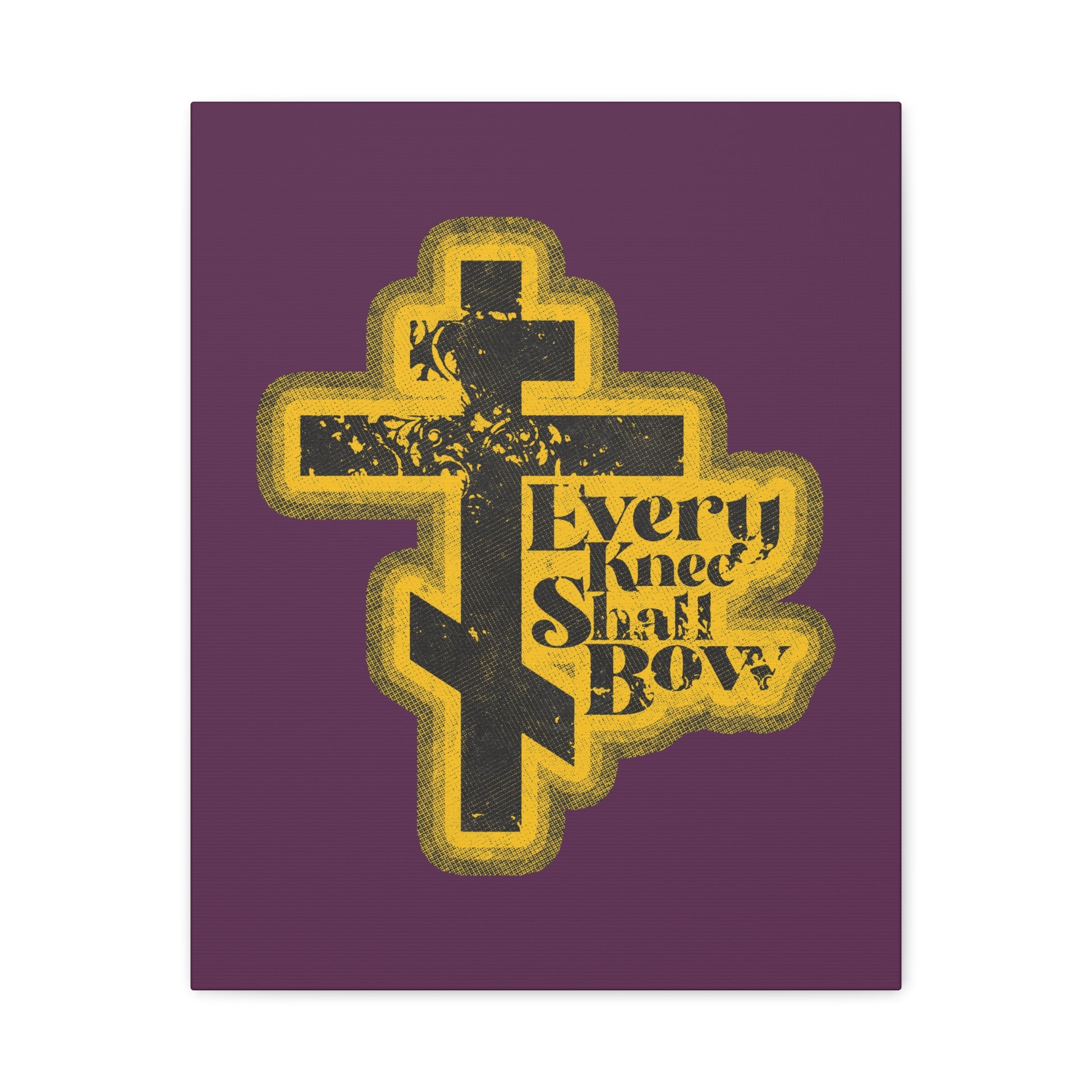 Every Knee Shall Bow | 70s Distressed Halftone Comic Book Aesthetic featuring a stylized Orthodox cross and Philippians 2:10-11 & Isaiah 45:23 on a vibrant purple background. Christian wall art.