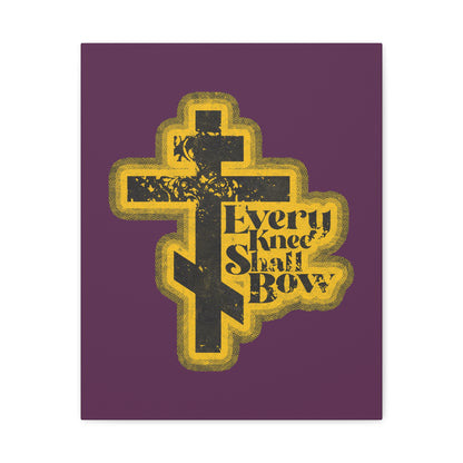 Every Knee Shall Bow | 70s Distressed Halftone Comic Book Aesthetic featuring a stylized Orthodox cross and Philippians 2:10-11 & Isaiah 45:23 on a vibrant purple background. Christian wall art.