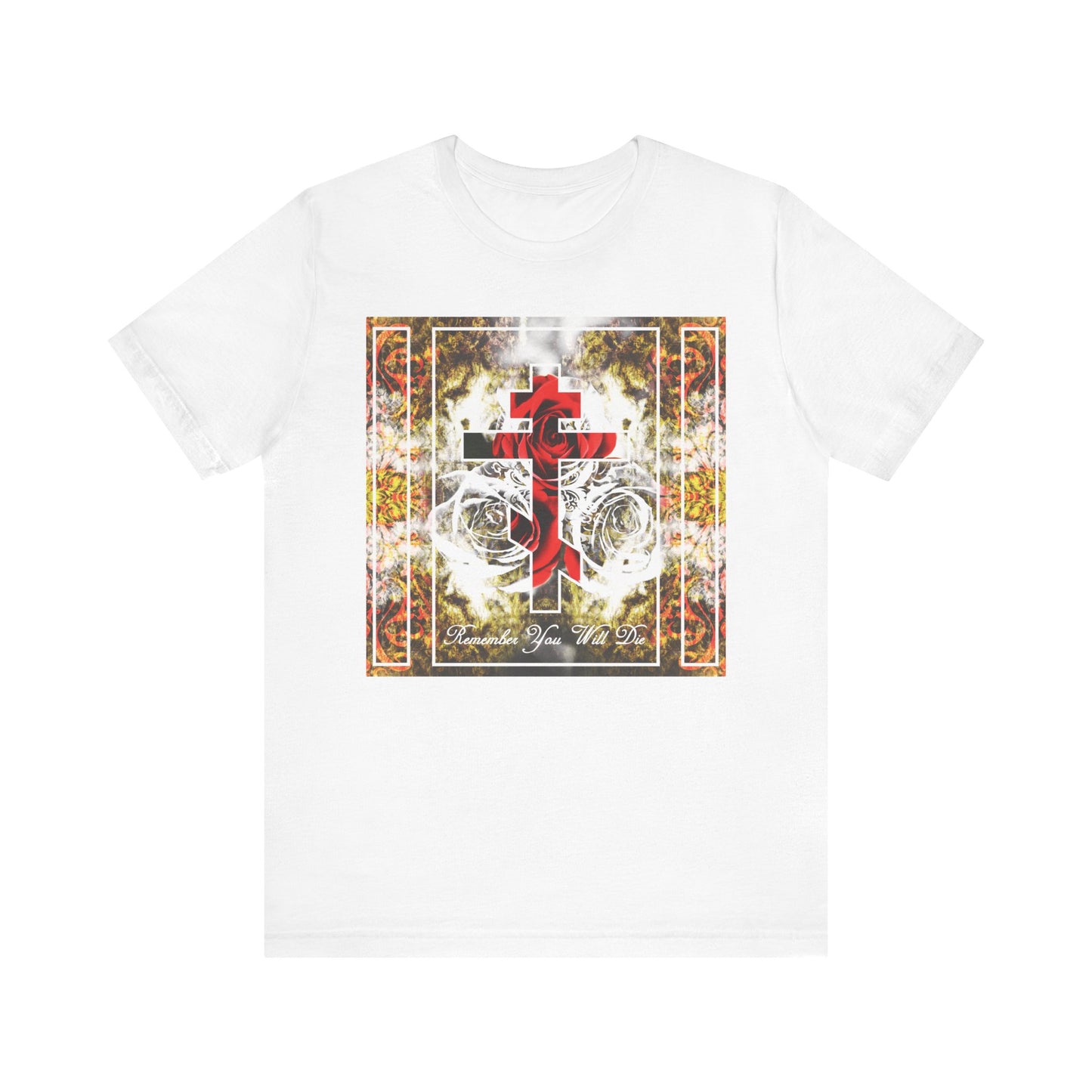 White t-shirt featuring an Orthodox cross adorned with roses and a rich floral texture, with the text "Remember You Will Die" in elegant font. This lightweight unisex cotton tee offers all-day comfort, making it perfect for any casual occasion.