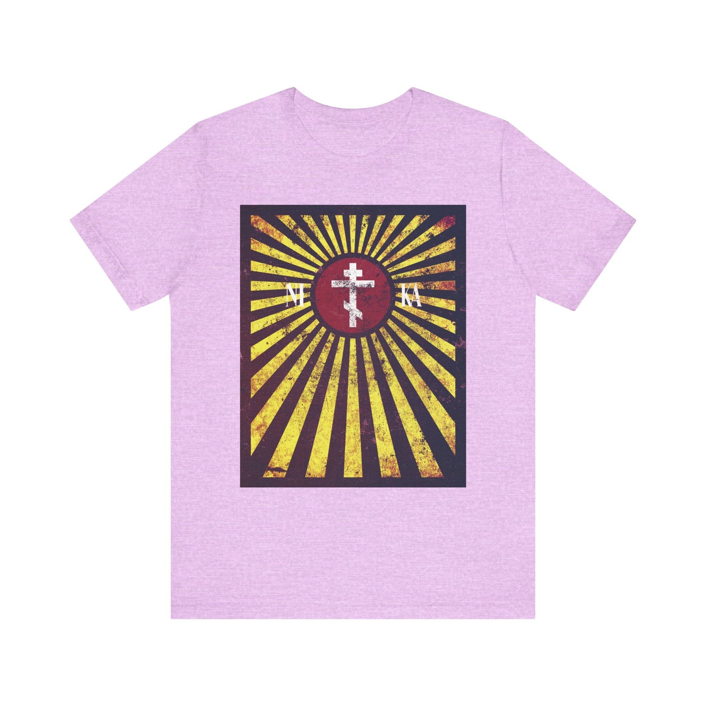 Certainly! Here’s a rewritten sentence using the provided product data: Heather Prism Lilac NIKA Red Rising Sun Cross with Golden Rays Orthodox Christian lightweight cotton unisex t-shirt, featuring a distressed textured flag design inspired by St Paisios of Mount Athos and his teachings about the ladder to Heaven.