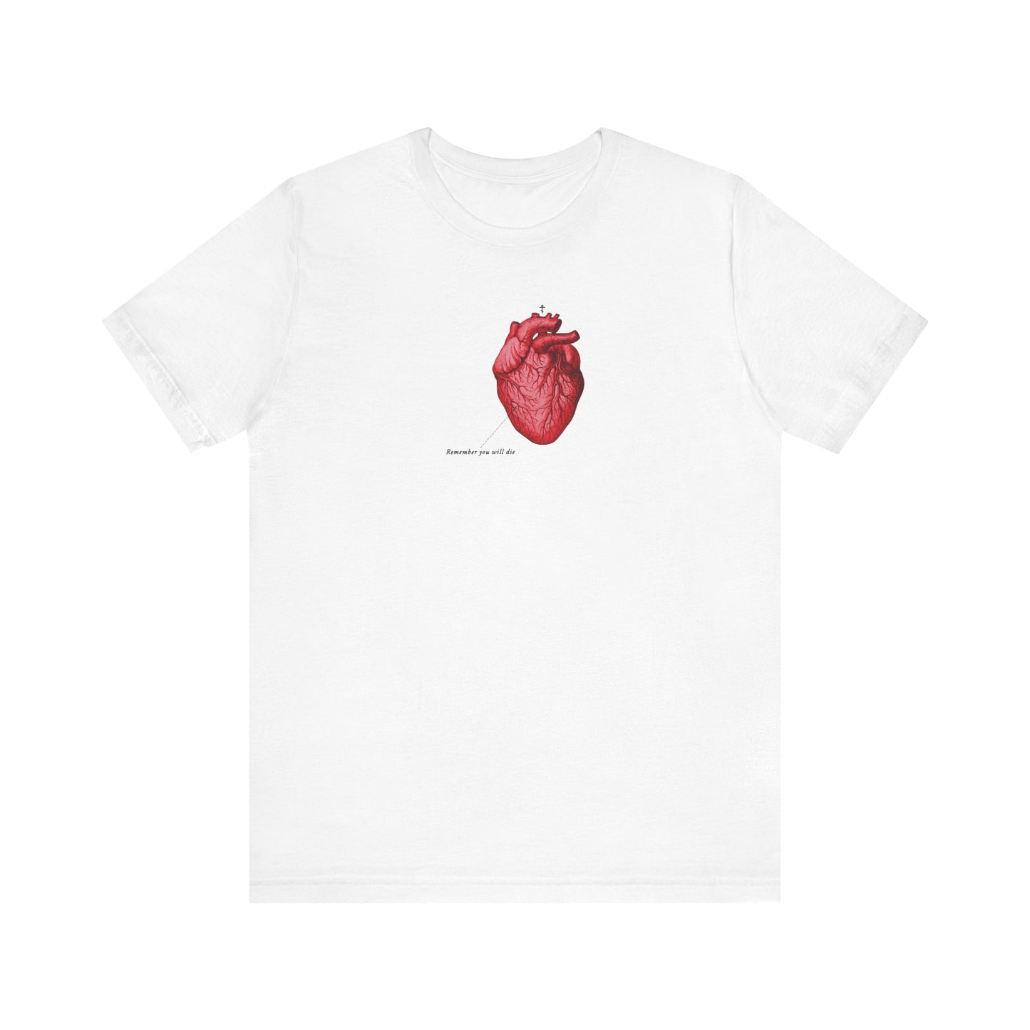 White unisex tee featuring a retro medical heart graphic, Orthodox cross, and “Memento Mori | It’s Later Than You Think” text. Lightweight cotton.