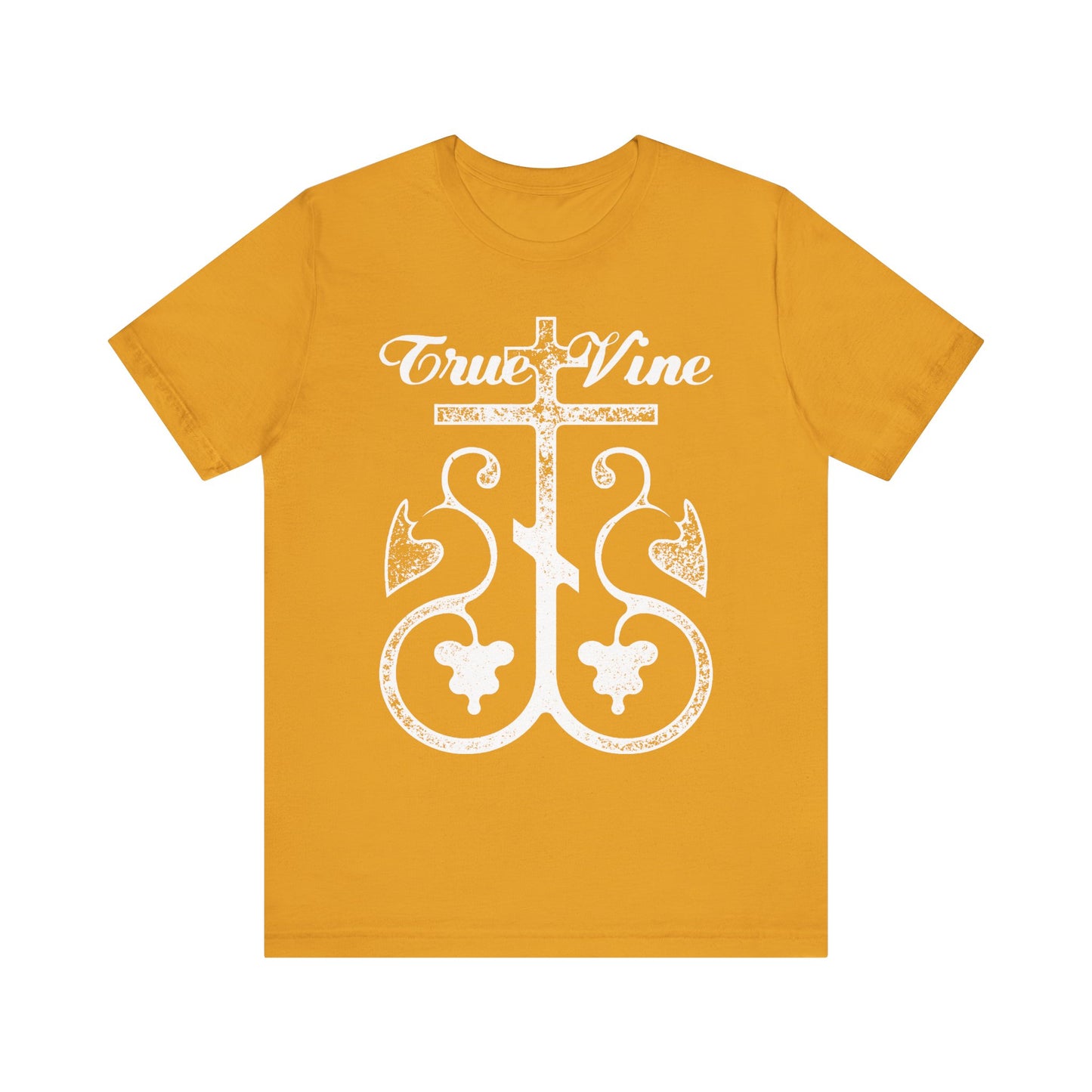 Mustard "I Am the True Vine" t-shirt with a white Orthodox cross and grape vine graphic (John 15, Ezekiel 15), created in a photocopy effect on lightweight cotton. Unisex fit.