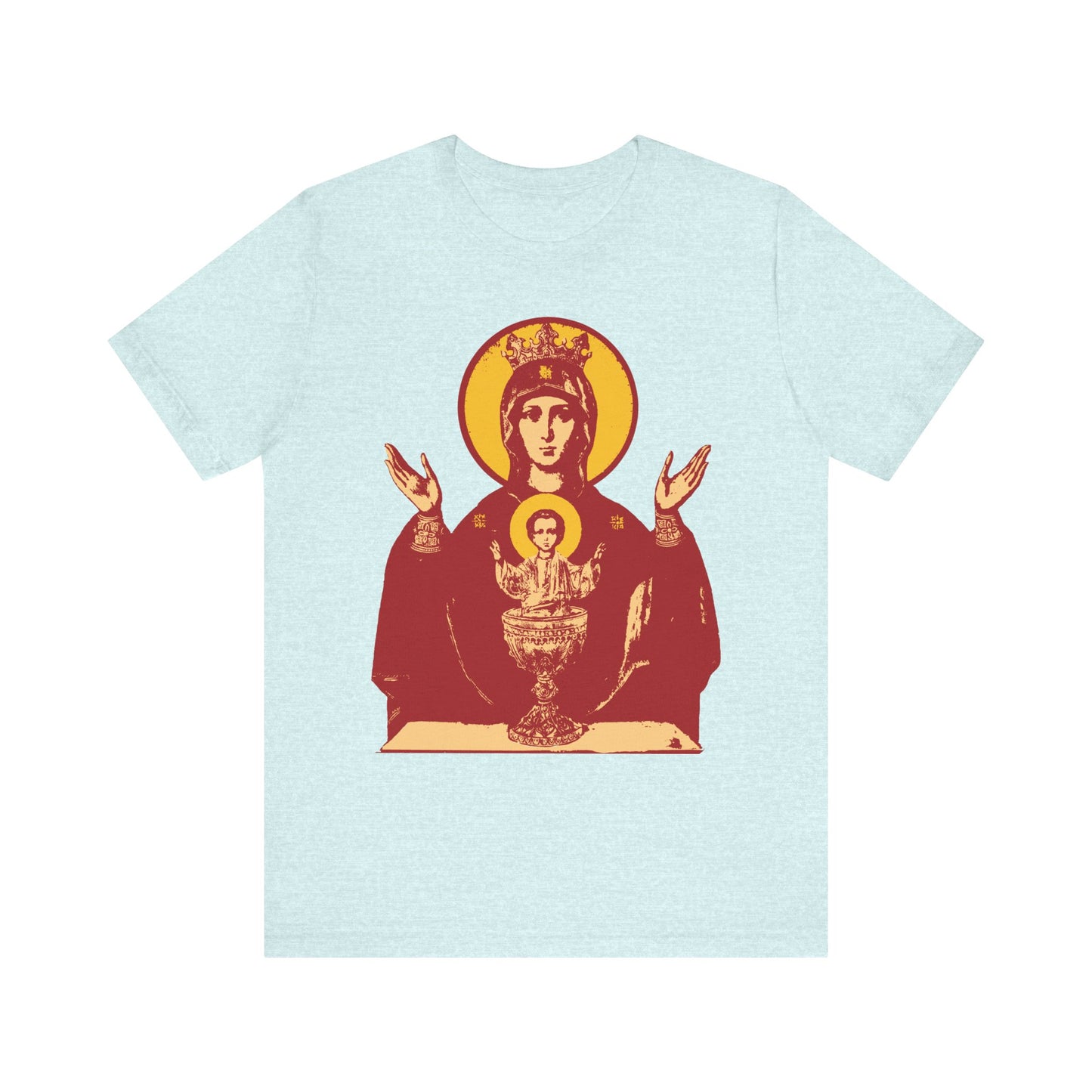 Heather Prism Ice Blue unisex t-shirt with a bold red and yellow IconoGraphic of the Holy Theotokos "Inexhaustible Chalice"—Deliverer from Addictions—featuring Mary and Jesus on the front. Lightweight cotton.