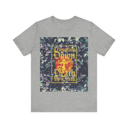 Trampling Down Death By Death | Paschal Floral Design with Gothic Script and Three-Bar Cross | Orthodox Christian T-Shirt