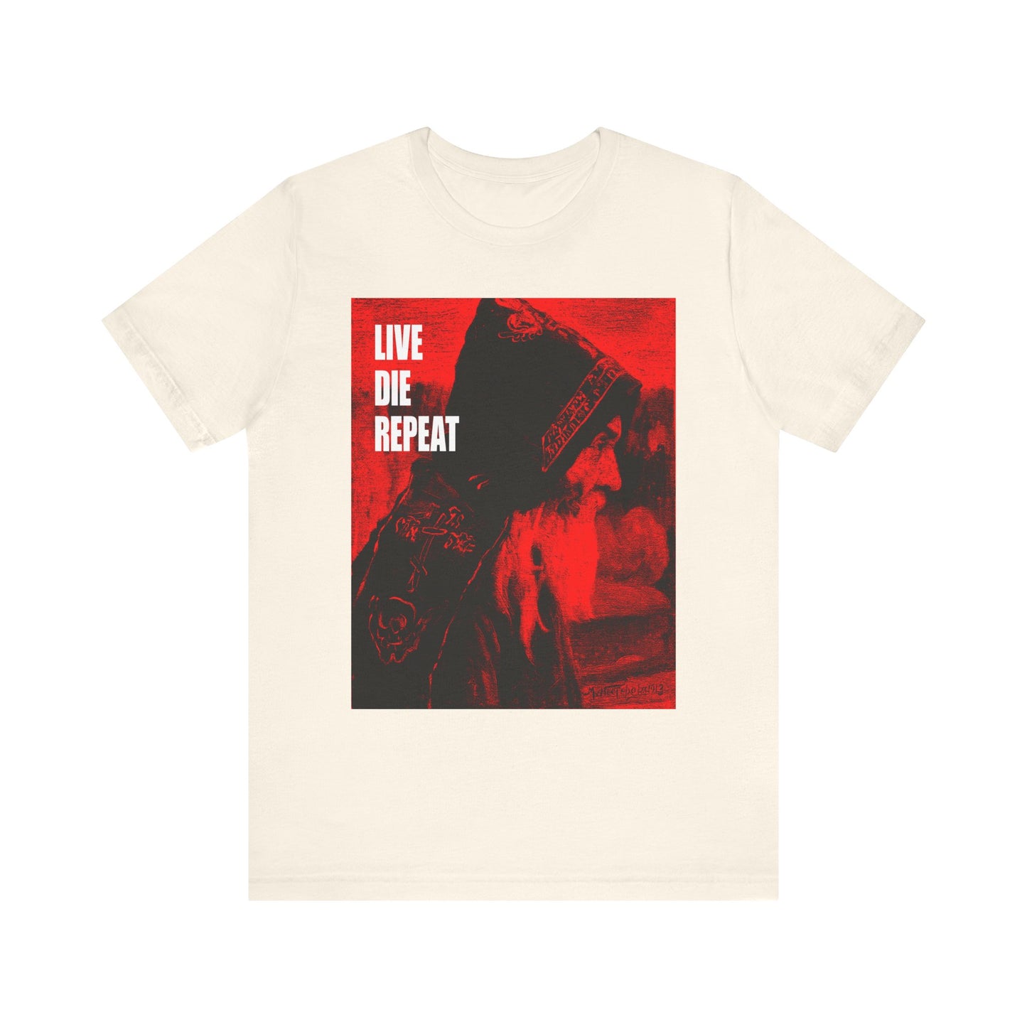 Natural unisex tee featuring Orthodox Monk art by Mikhail Nesterov and bold LIVE DIE REPEAT text—“Die Every Day, You Will Live Forever.” Lightweight cotton, inspired by ascetic philosophy.