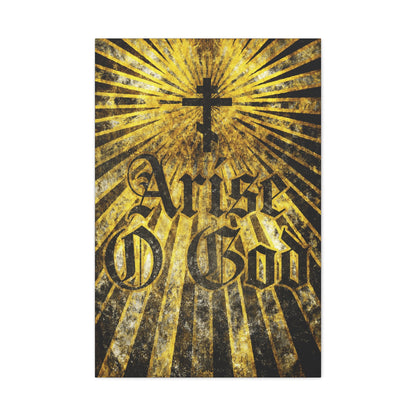 A black Orthodox Cross with golden rays and "Arise O God" from Psalm 81 (82 LXX) in textured Gothic font on a radiant background, reflecting the divine council worldview in Orthodox Christian wall art.