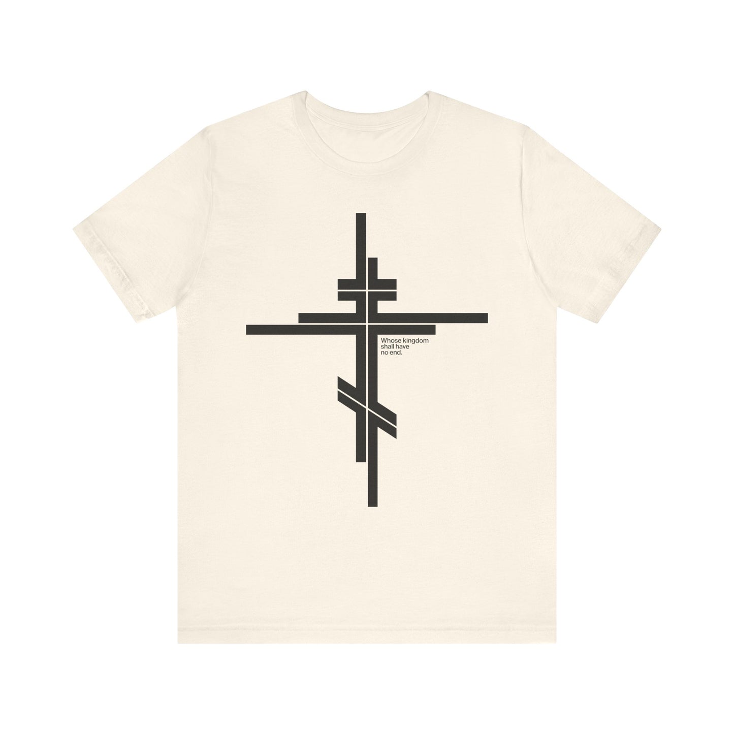 Natural-colored, lightweight cotton unisex T-shirt featuring a bold black Orthodox cross in a modern minimalist logo style and subtle front text—design inspired by the enduring significance of Christ’s kingdom, as reflected in Luke 1:32-33.