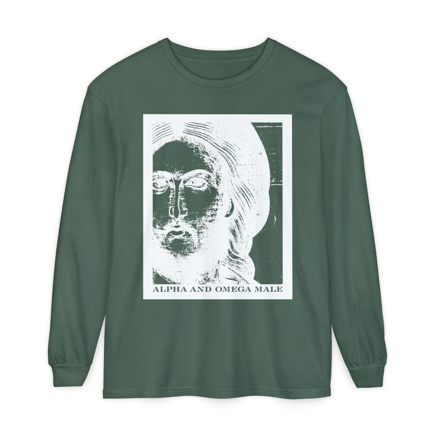 Blue Spruce long-sleeve cotton shirt featuring a Jesus Christ icono-graphic photonegative and the text “Alpha & Omega Male | I am the Beginning & the End (Rev 22),” reflecting inspiration from Revelation’s new heaven and Jerusalem.