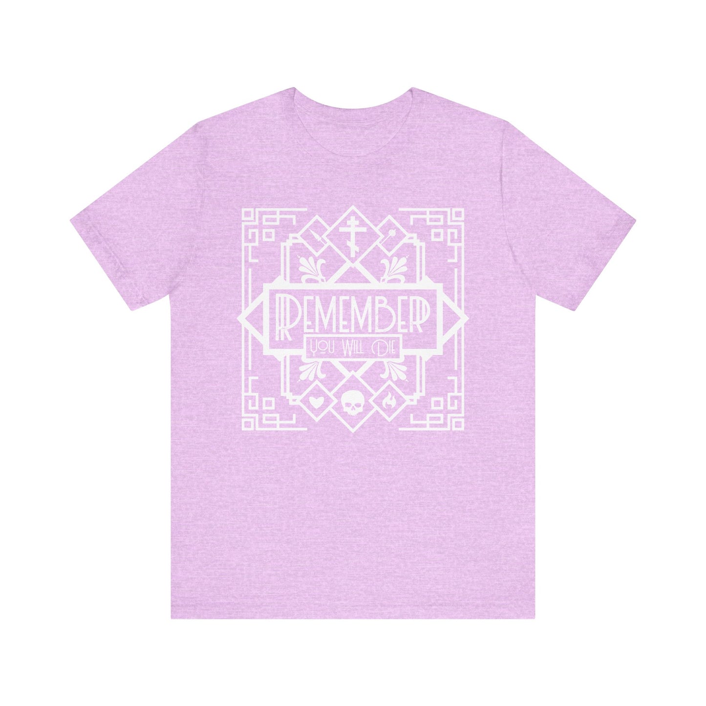 The Remember You Will Die Art Deco Design t-shirt in Heather Prism Lilac features black and white line art with a skull, heart, and fire—a memento mori tee inspired by solemn reflection on mortality. Lightweight cotton unisex fit.