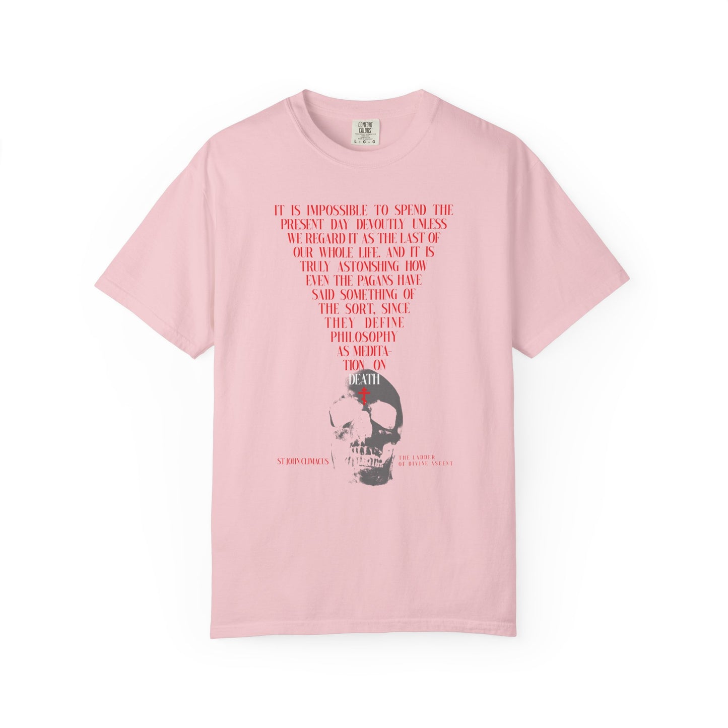 Blossom heavyweight cotton tee featuring a skull with a red Orthodox cross and philosophical "Memento Mori" text above, inspired by St John Climacus: "The Present Day As the Last Day of Our Life.