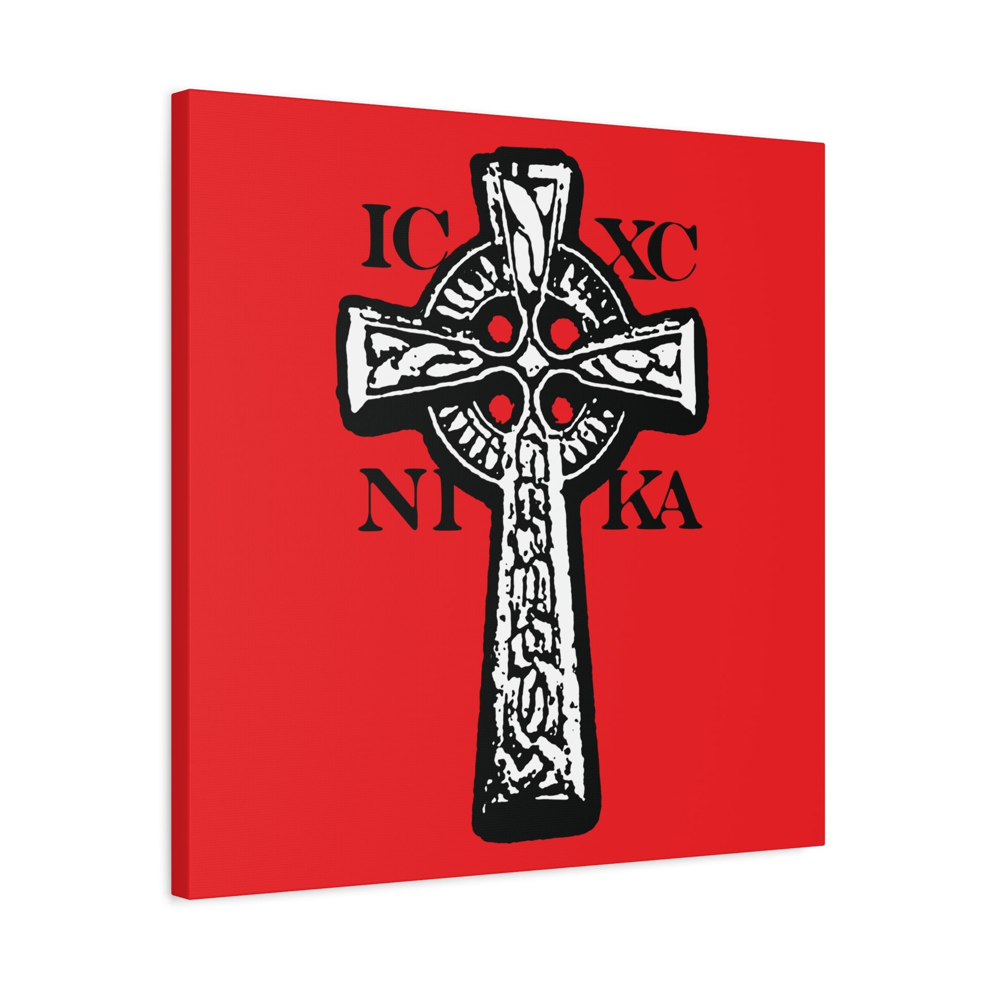 The ICXC NIKA Celtic Knotwork Cross features a black and white Orthodox design with Greek letters on a red background, symbolizing "Jesus Christ Conquers" and perfect as traditional Christian wall art.