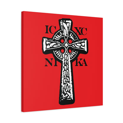 The ICXC NIKA Celtic Knotwork Cross features a black and white Orthodox design with Greek letters on a red background, symbolizing "Jesus Christ Conquers" and perfect as traditional Christian wall art.