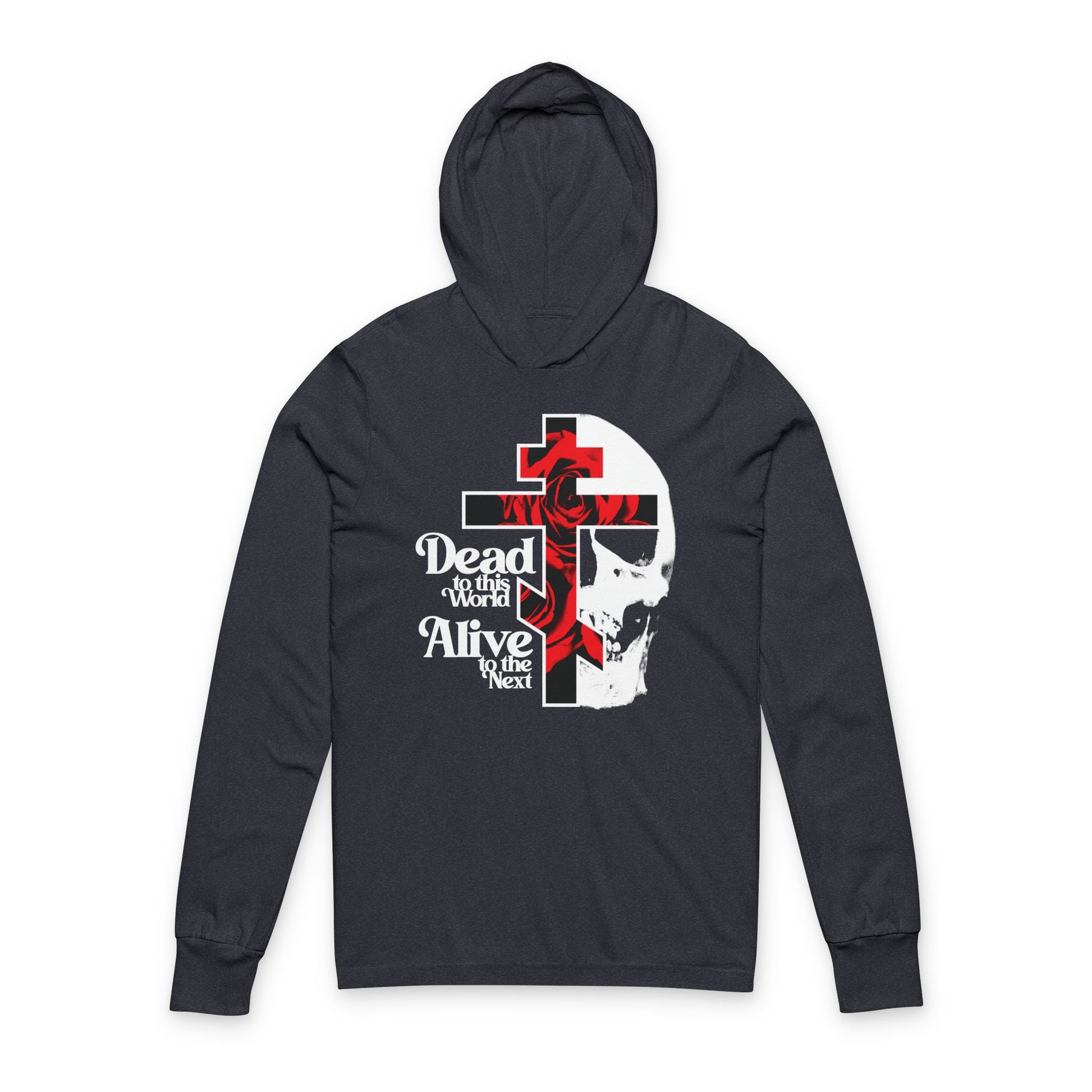 Heather Navy hooded shirt with a bestselling Christian Goth design—flower cross, skull, 70s typography, and the phrase "Dead to this World"—inspired by Orthodox themes of renunciation and St John Climacus.