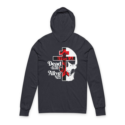 Dead to this World Alive to the Next | Goth Aesthetic Flower Cross & Skull | 70s Typography | Bestselling | Orthodox Long Sleeve Hooded Shirt