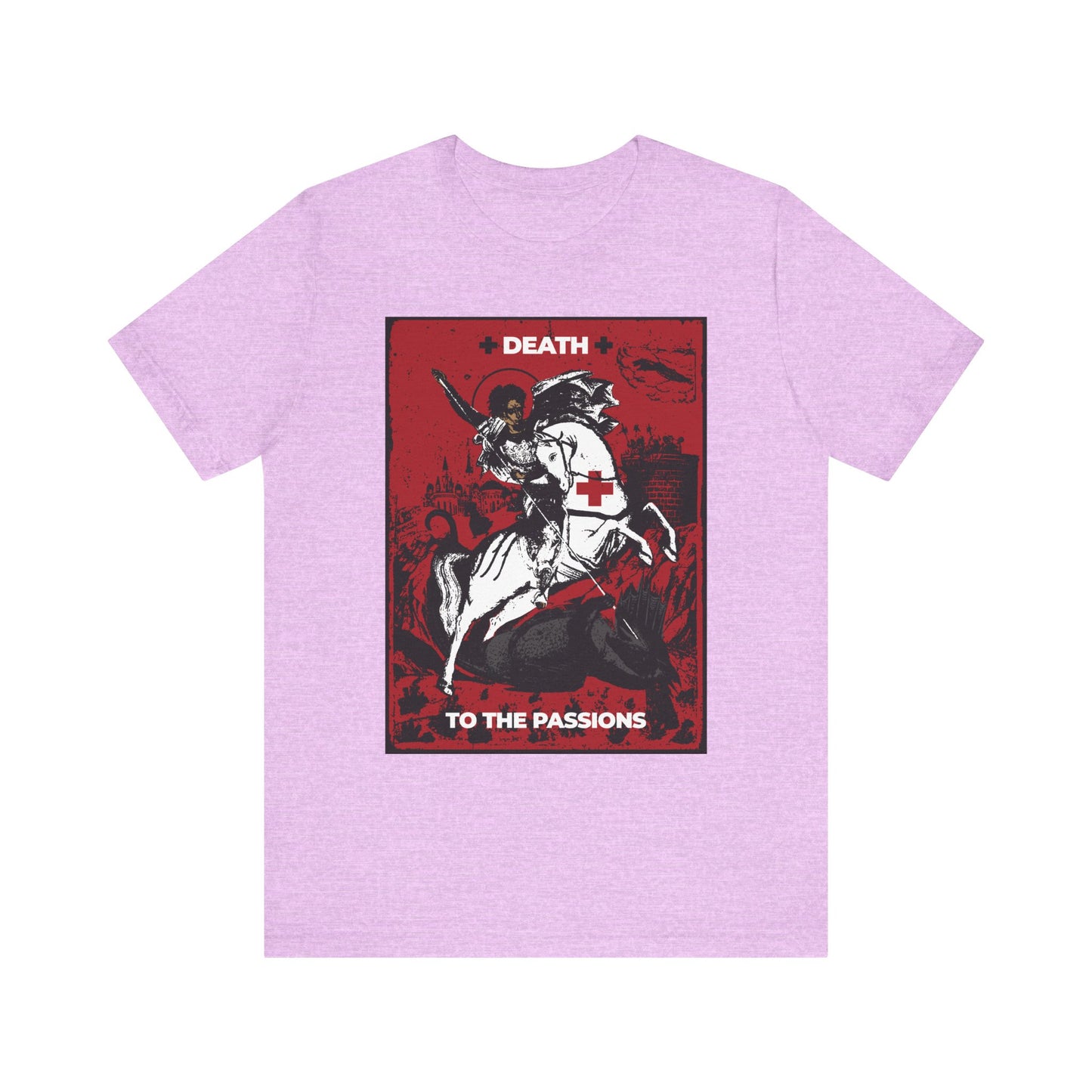 Heather Prism Lilac lightweight cotton tee featuring St. George slaying the dragon, with bold red and black text reading “Death to the Passions”—inspired by ascetic Orthodox Christianity and Unseen Warfare, this unisex T-shirt is a powerful reminder to conquer what holds you back.