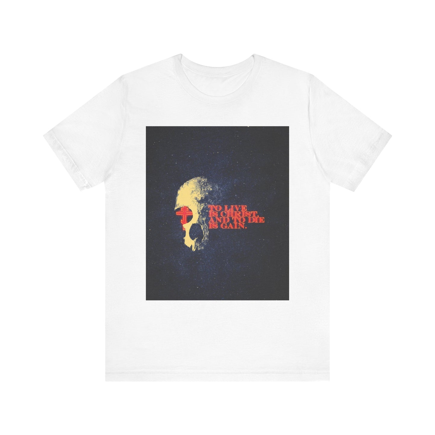White “To Live is Christ and to Die is Gain” lightweight cotton unisex tee, featuring a glowing cross and skull graphic with retro textured lettering inspired by Phil 1:21. Perfect for those who appreciate thoughtful designs drawn from Paul’s epistles, commentary, or classic messages—set against a dramatic, dark-inspired motif.