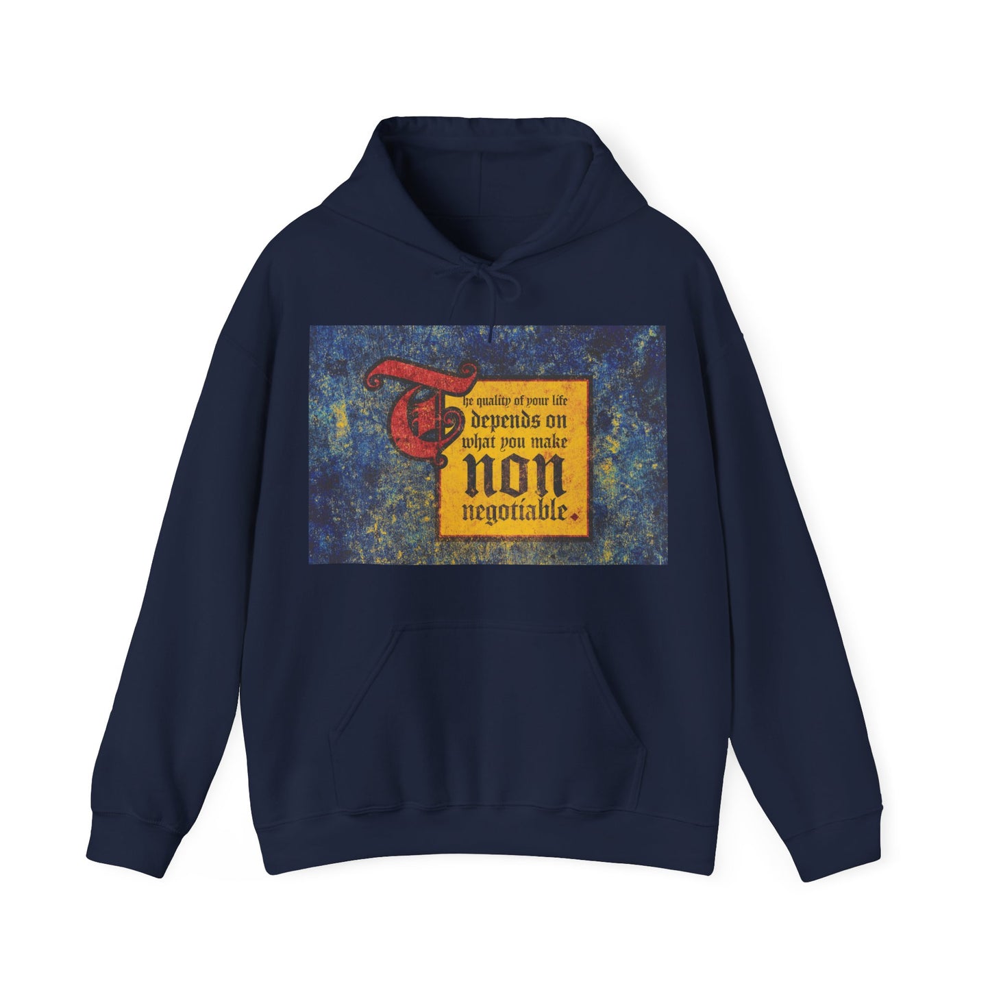Stay inspired in our Navy Orthodox Christian Hoodie featuring “The quality of your life depends on what you make non-negotiable.” Motivational and comfortable—perfect for everyday wear.