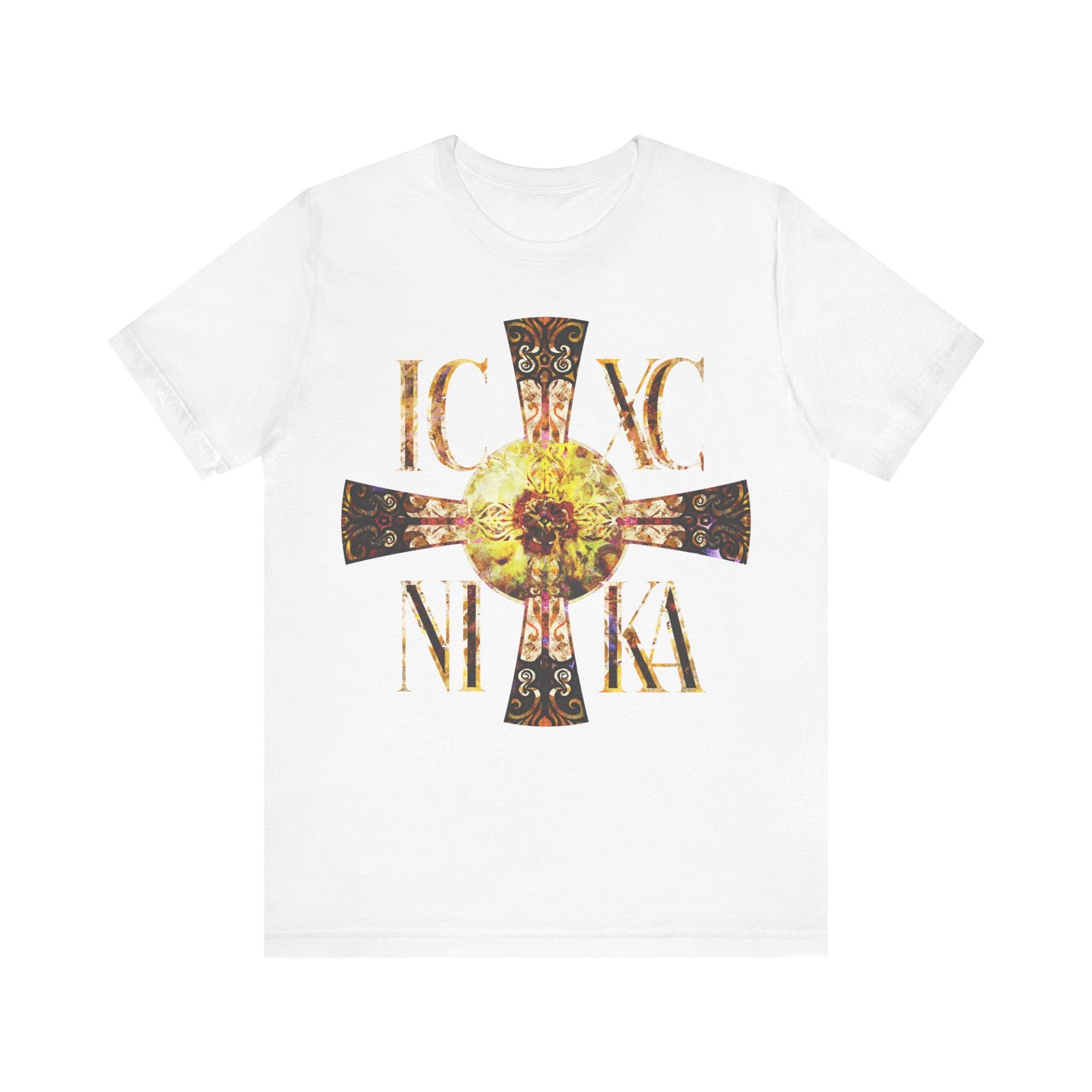 ICXC NIKA Celtic Style Equal Armed Cross | Bright Solar Texture | Orthodox Christian T-Shirt