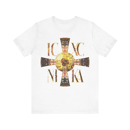 ICXC NIKA Celtic Style Equal Armed Cross | Bright Solar Texture | Orthodox Christian T-Shirt
