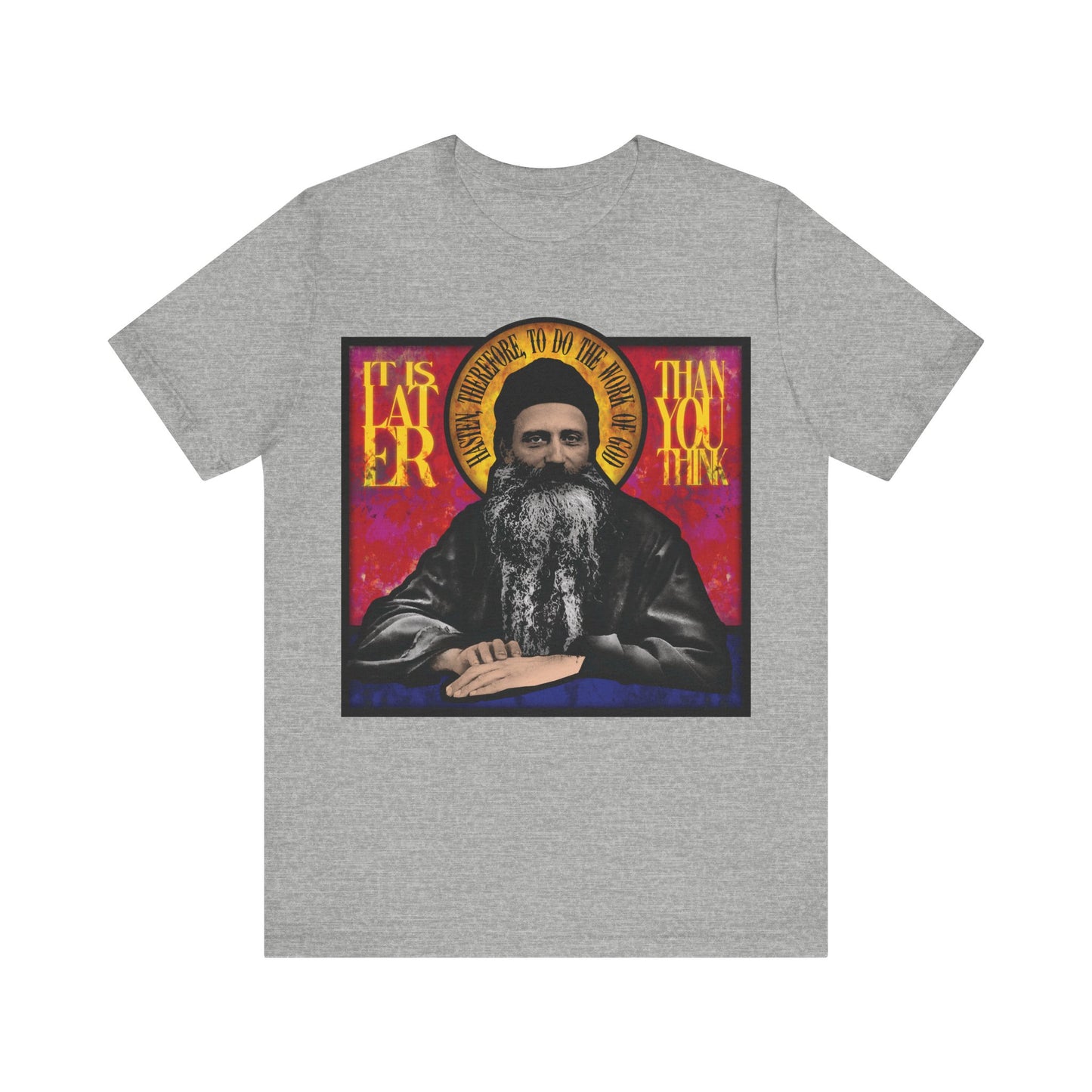 Athletic Heather tee with stained glass illustration of Fr. Seraphim Rose, American Orthodox monastic saint, featuring the text "It Is Later Than You Think." Inspired by salvation and the Kingdom of Heaven. Orthodox Christian cotton t-shirt.