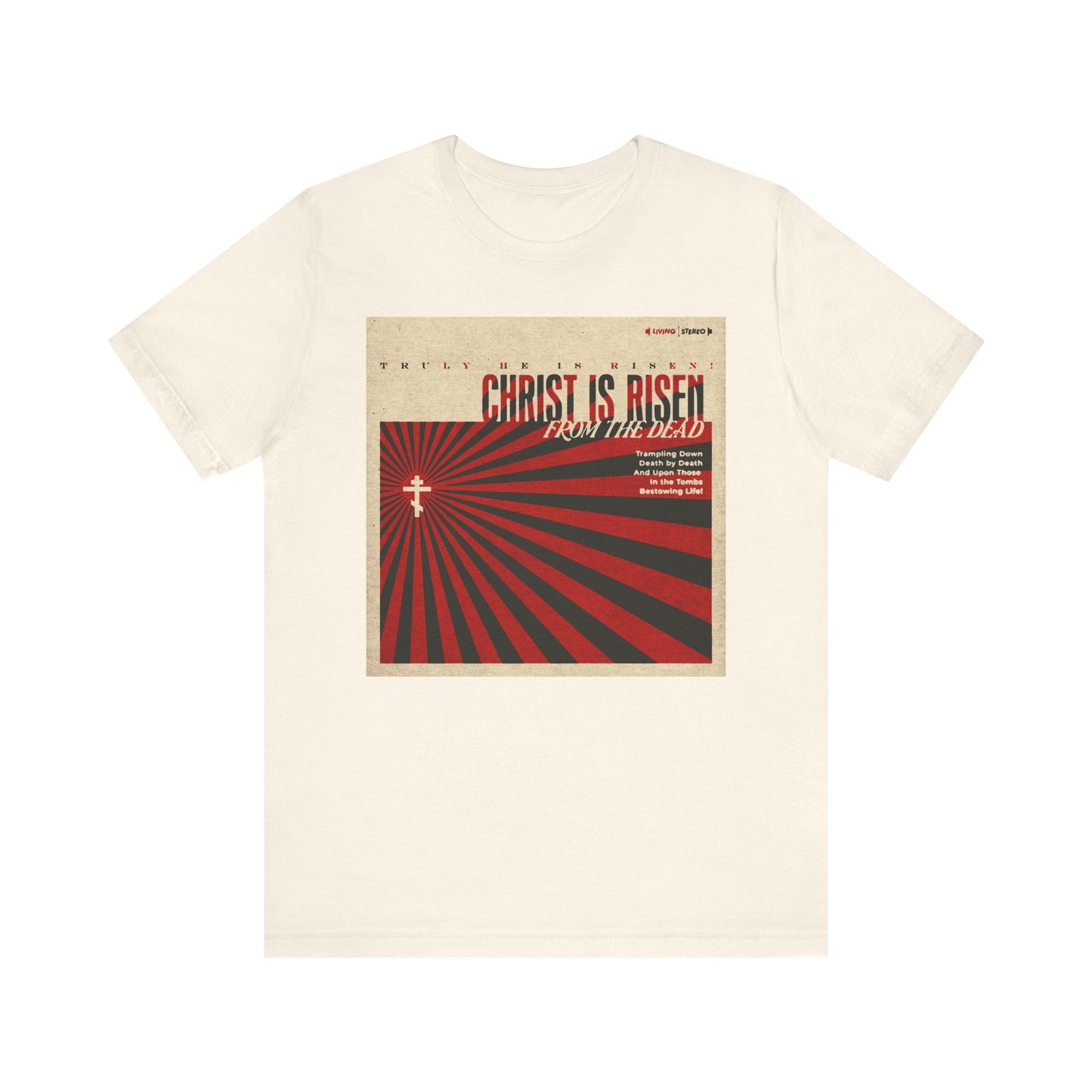 Natural-colored unisex tee with retro LP cover design, featuring "Christ is Risen from the Dead" Paschal Troparion text—celebrating Christ's resurrection. Lightweight cotton, Orthodox Christian apparel.