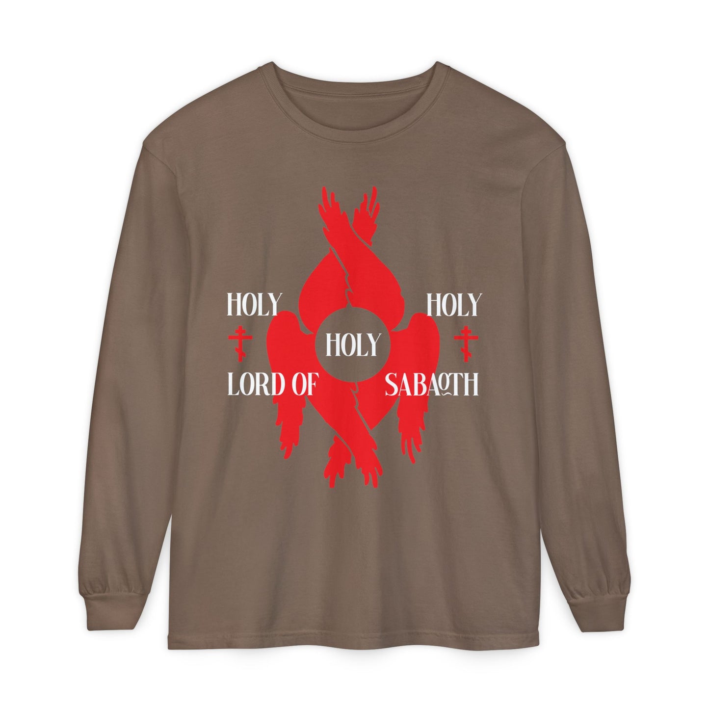 Espresso long-sleeve shirt with red seraphim wings, Orthodox crosses, and “Holy Holy Holy Lord of Sabaoth” inspired by Isaiah 6:3 and the Divine Council. Orthodox Christian design in soft cotton.