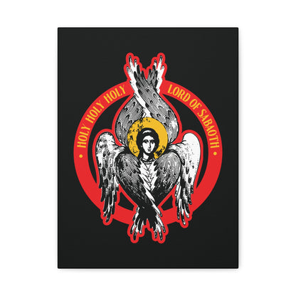 Orthodox Seraphim Angel IconoGraphic featuring six wings, halo, and "HOLY HOLY HOLY LORD OF HOSTS" in a red circle—Christian wall art inspired by Isaiah 6: the Holy Holy Holy, Lord of Sabaoth | Unseen Realm.