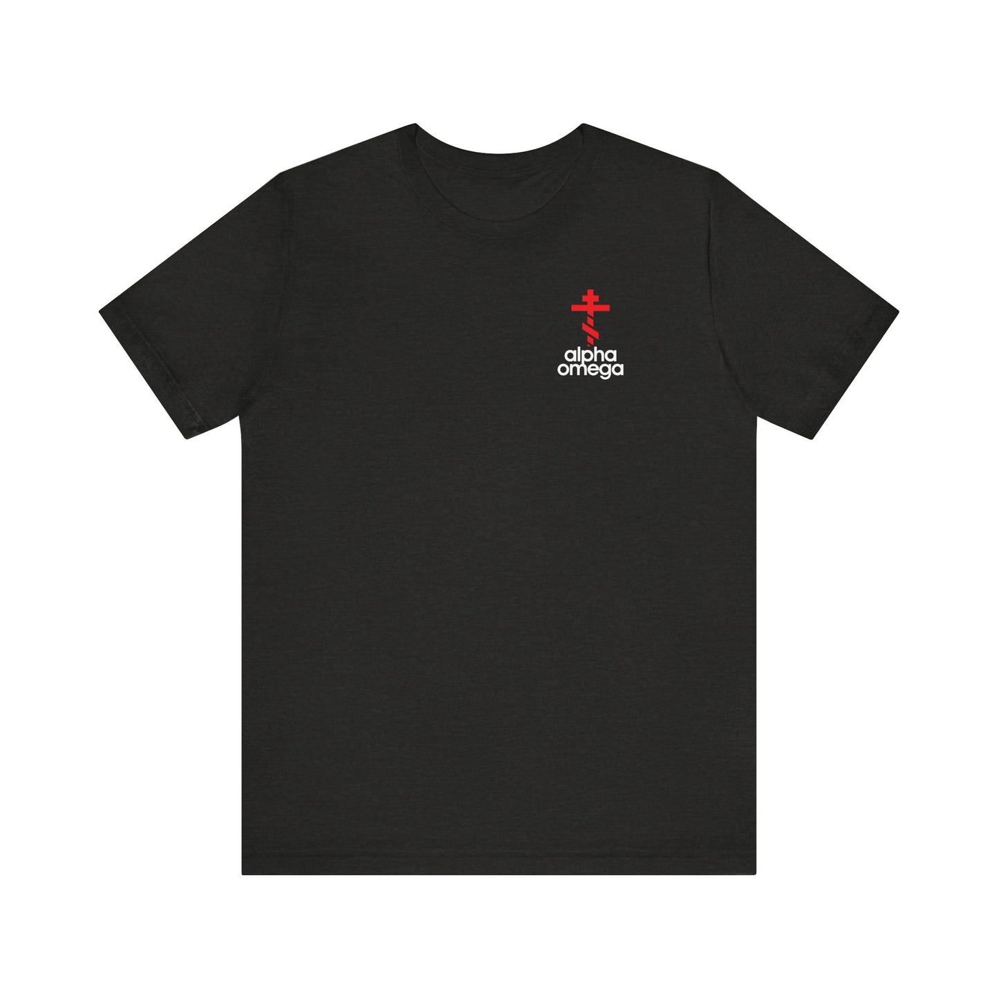 The Alpha & Omega Red Orthodox Cross tee in Black Heather features a minimalist Adidas-inspired design with a small red cross and alpha omega in white, symbolizing Christian life and devotion. Lightweight cotton, unisex fit.