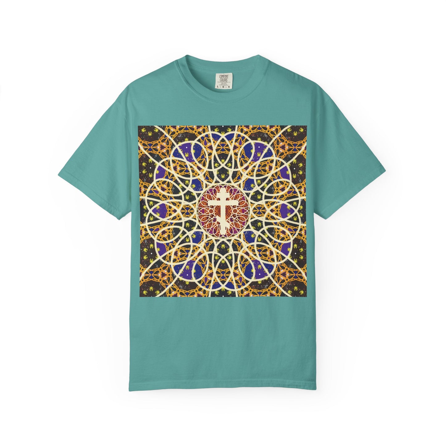 Seafoam heavyweight cotton unisex t-shirt featuring a Medieval Cosmology rose window Orthodox cross with intricate patterns, inspired by the uplifting spirit of Tone 6 Sunday Matins and the promise of the robe of incorruption; captioned “Let all the earth venerate the Cross.”.