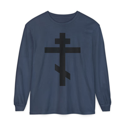 Midnight long-sleeve shirt featuring a large black Orthodox cross and the inscription "May I never boast, except in the cross of our Lord Jesus Christ" (Gal 6:14), inspired by Eastern Orthodox tradition.