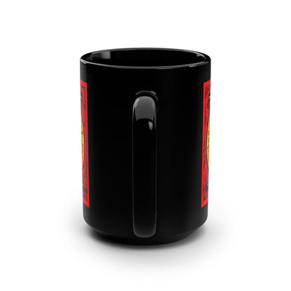 The Remembrance of Death Made Without Hands Orthodox Icon Mug features bold red, black, and yellow graphic designs on glossy ceramic, with the handle forward and a plain surface—ideal to pair with your favorite Troparion t-shirt.