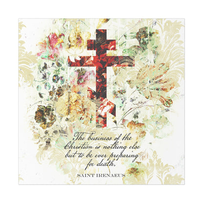 Preparing For Death | White & Beige Floral Scrapbook Texture Cross | Arts & Crafts Style | St Irenaeus | Orthodox Christian Art Poster