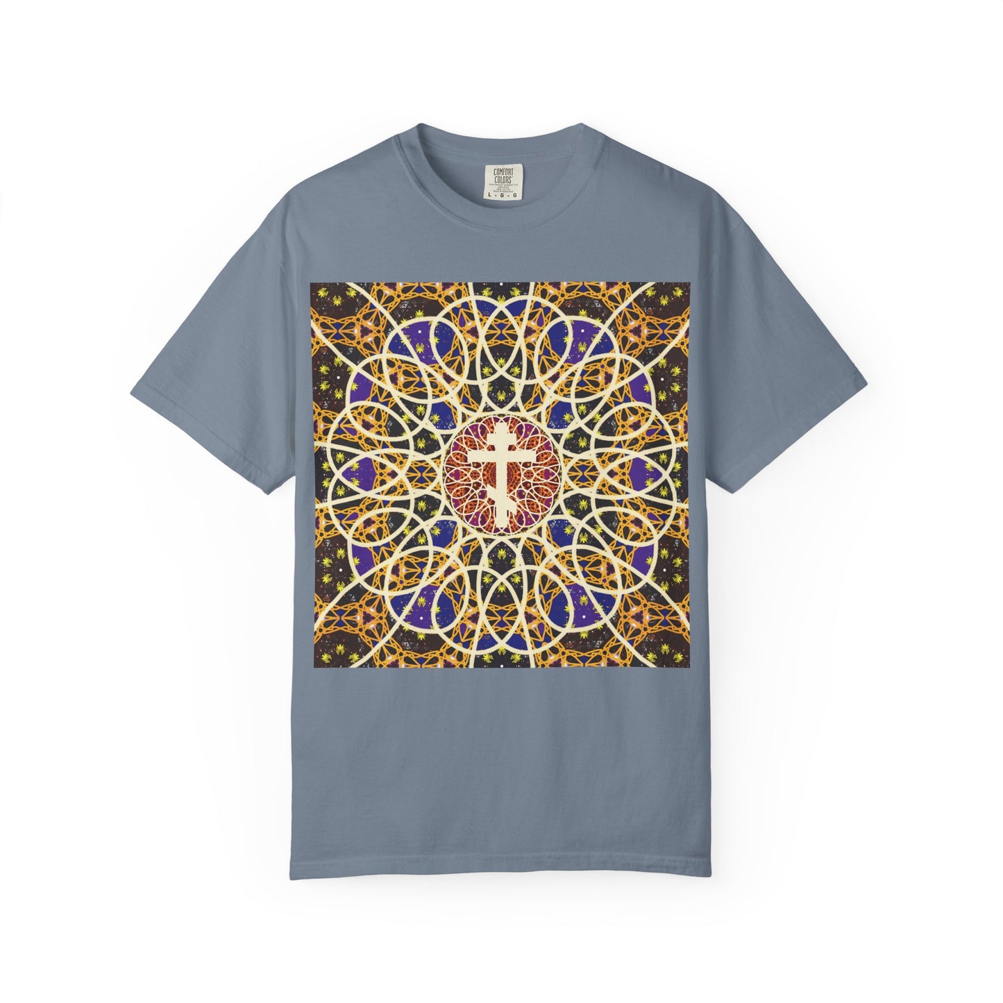 Blue Jean t-shirt featuring the “Medieval Cosmology Rose Window Orthodox Cross” design—a vibrant stained-glass mandala with a central Cross on the front, inspired by the serene spirit of Tone 6 Sunday Matins and evoking the symbolic robe of incorruption. Includes the phrase “Let all the earth venerate the Cross.” Heavyweight cotton unisex style.