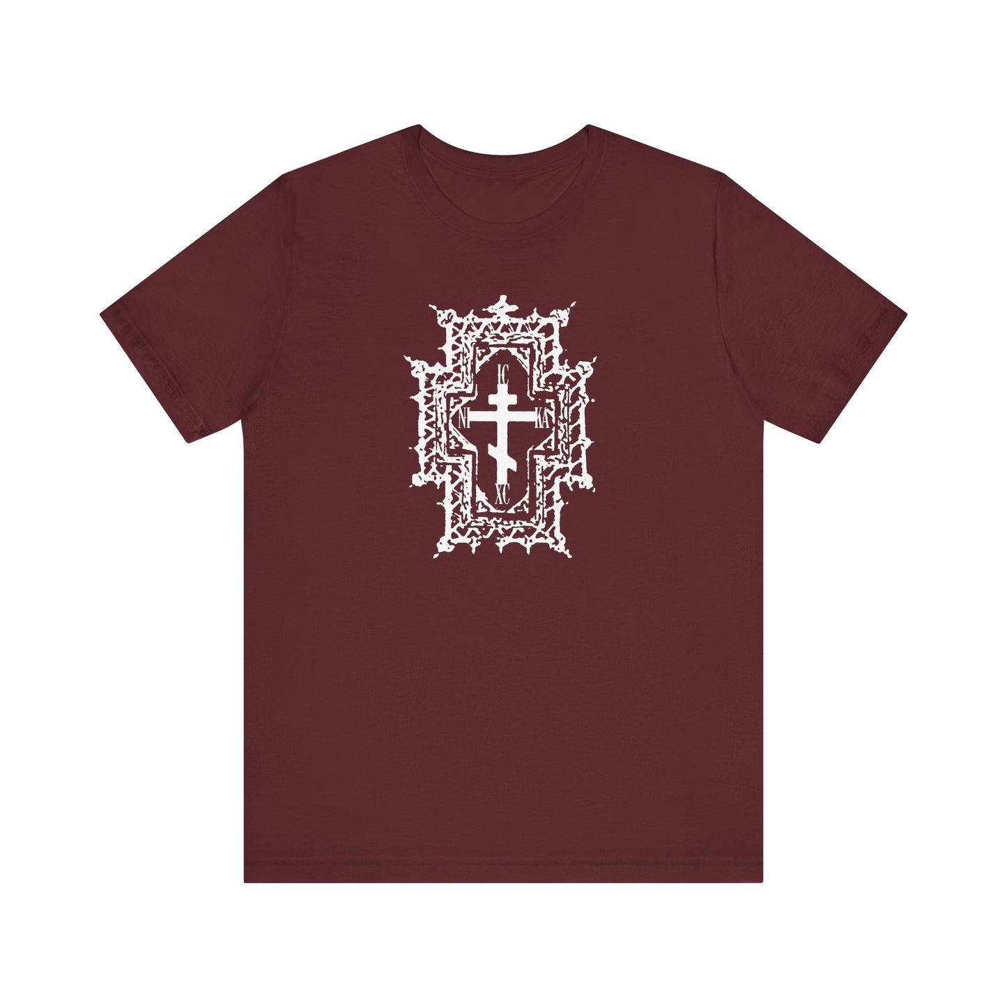 Maroon ICXC NIKA tee featuring a white Gothic cathedral-style Orthodox cross on the front, symbolizing "Healed By His Wounds" and Jesus Christ’s victory, in lightweight cotton unisex fit.