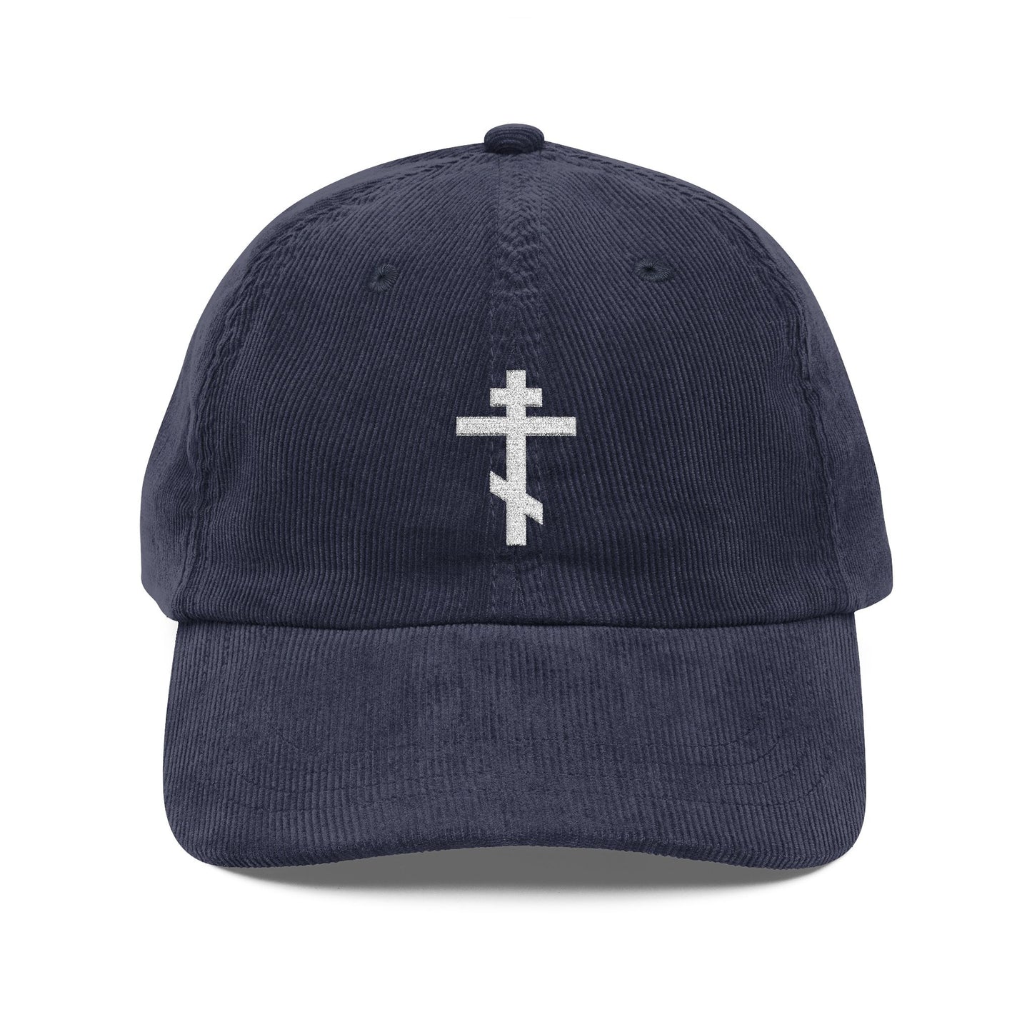 Navy blue cotton corduroy cap with a white embroidered Orthodox TriBar Cross, the weapon of unseen warfare that makes demons tremble—an Orthodox Christian symbol of faith and salvation.