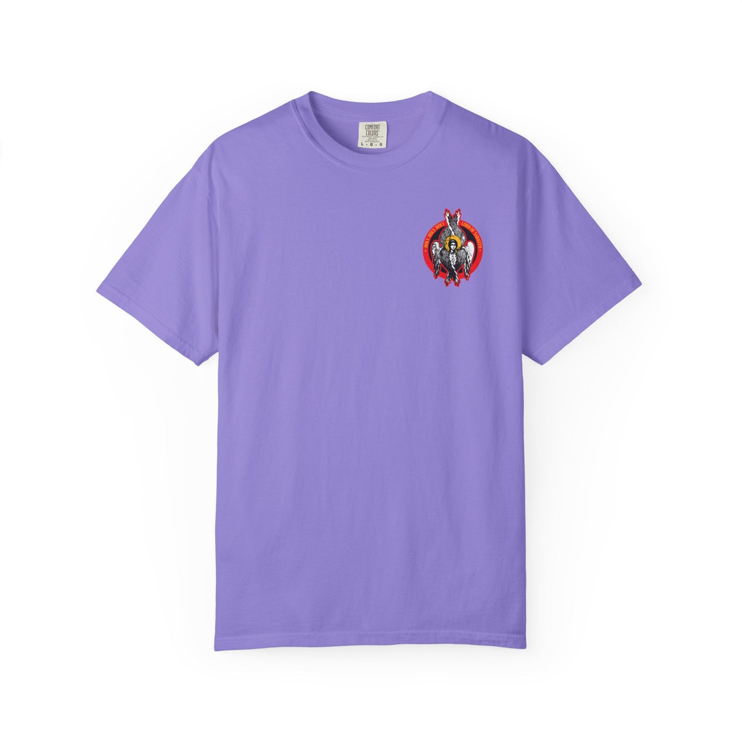Violet Holy Holy Holy Seraphim Angel Icono-Graphic tee featuring a small left chest design inspired by spiritual purity, Christian angels, and the heavenly hosts. Heavyweight unisex Orthodox cotton shirt.