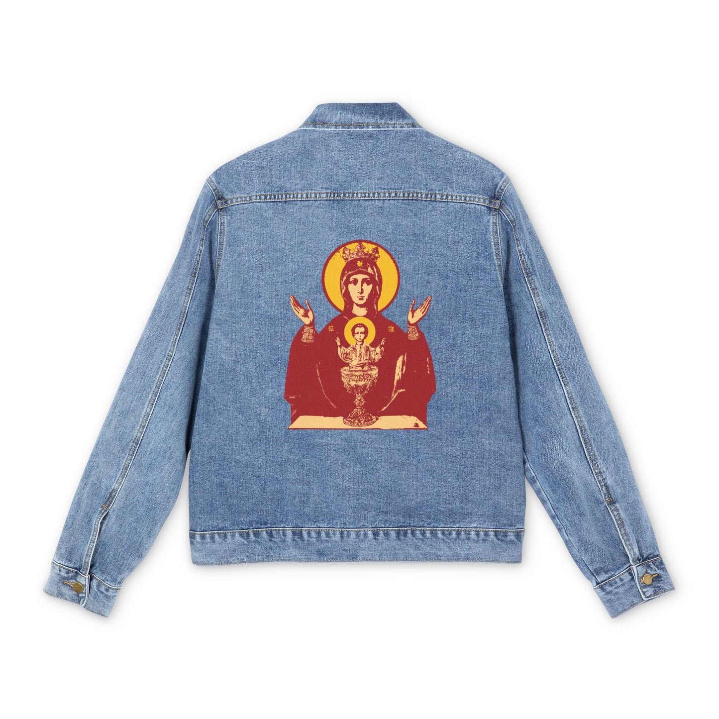 Medium denim wash Orthodox Christian jean jacket featuring a red and yellow Holy Theotokos IconoGraphic of the Inexhaustible Chalice, Deliverer from Addictions, printed on the back.