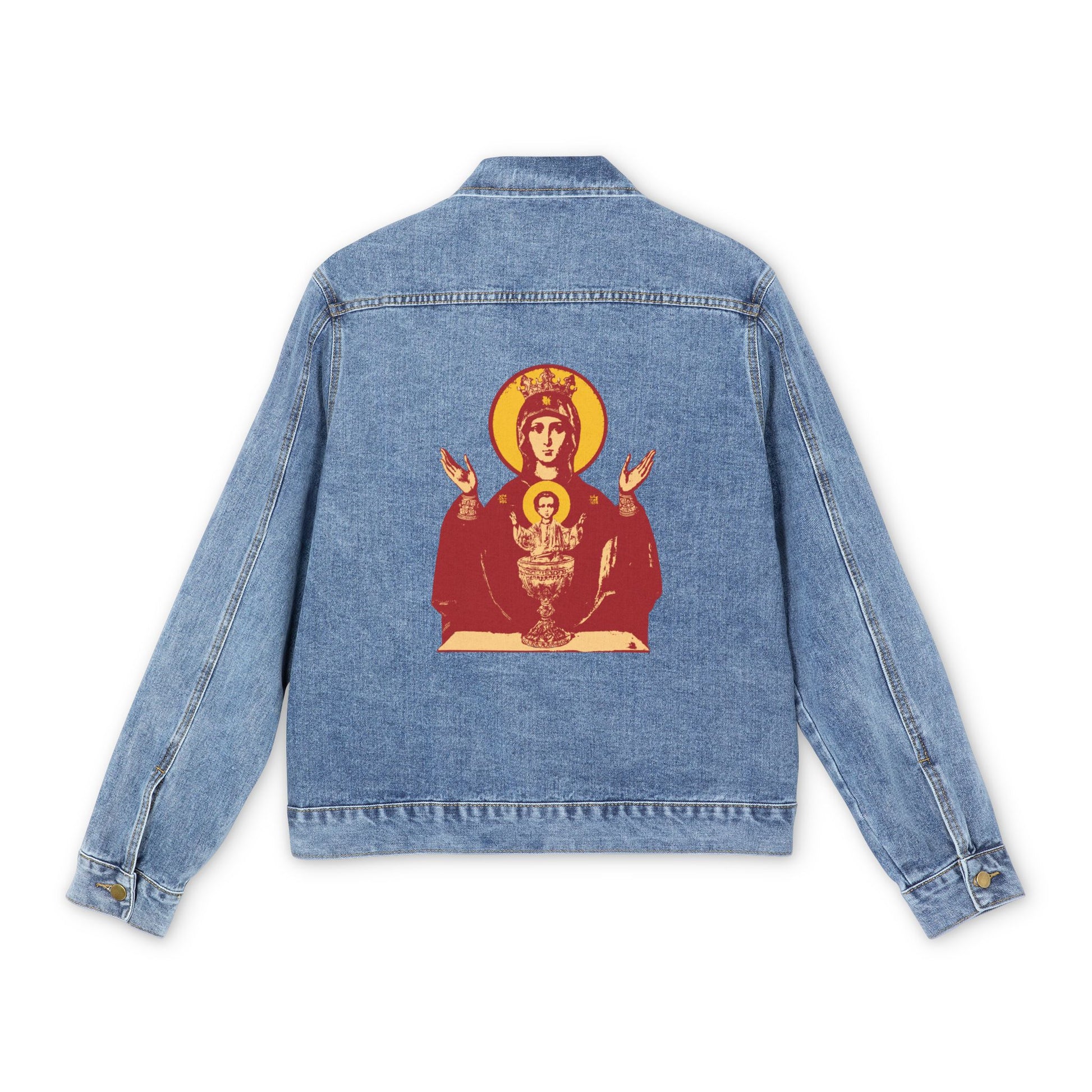 Medium denim wash Orthodox Christian jean jacket featuring a red and yellow Holy Theotokos IconoGraphic of the Inexhaustible Chalice, Deliverer from Addictions, printed on the back.