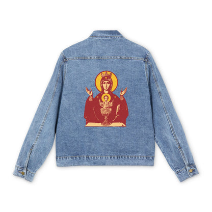 Medium denim wash Orthodox Christian jean jacket featuring a red and yellow Holy Theotokos IconoGraphic of the Inexhaustible Chalice, Deliverer from Addictions, printed on the back.