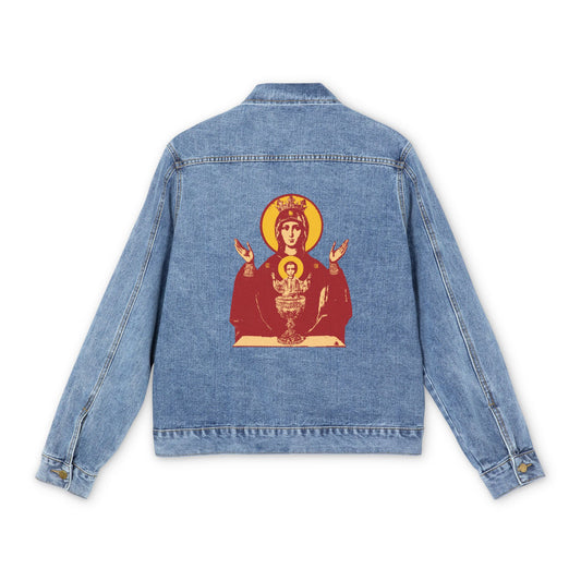 Holy Theotokos IconoGraphic of the Inexhaustible Chalice | Deliverer from Addictions | Conquer Passions | Orthodox Christian Jean Jacket