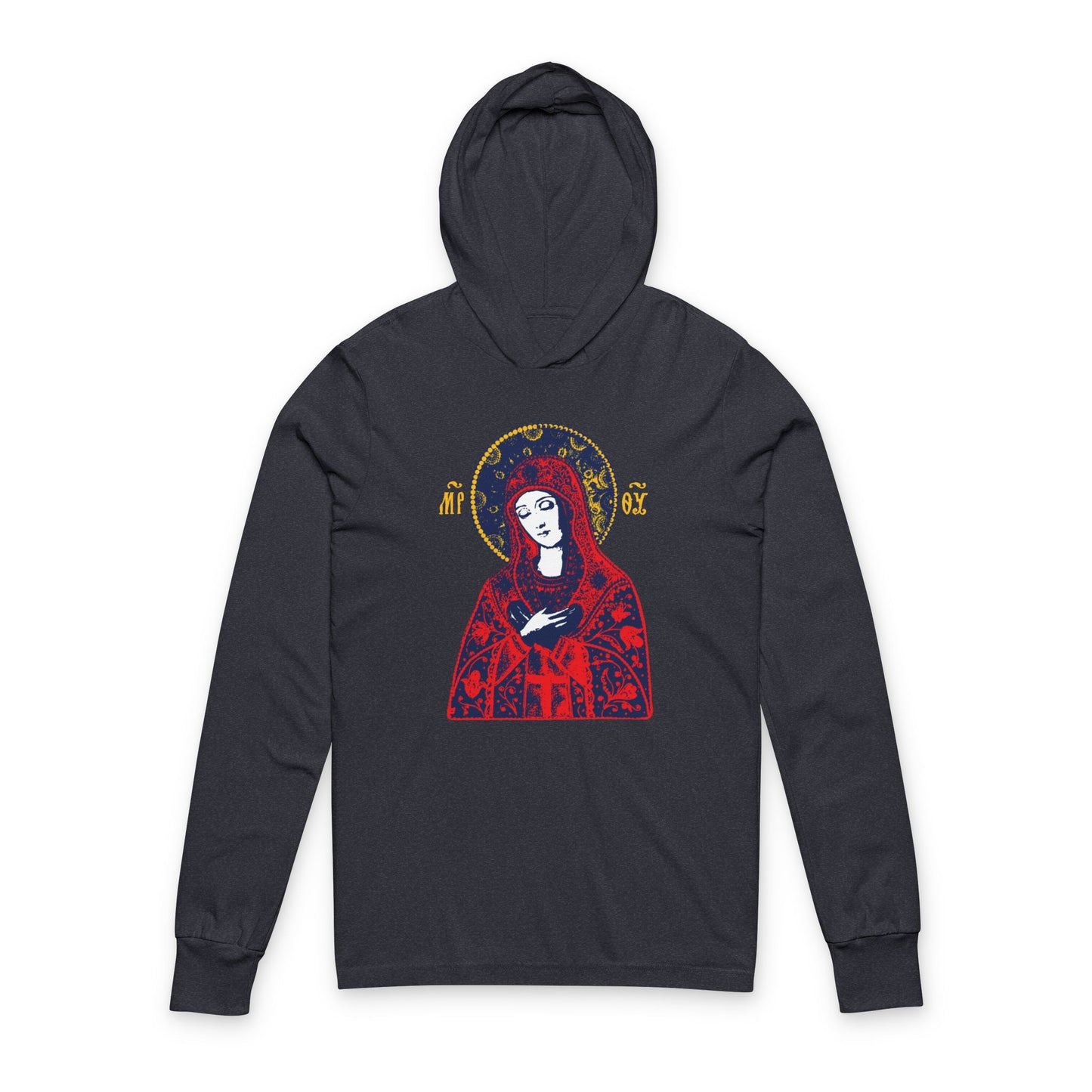 Joy of All Joys Tenderness Theotokos Iconographic Based on Traditional Orthodox Iconography | Red Design | Orthodox Long Sleeve Hooded Shirt