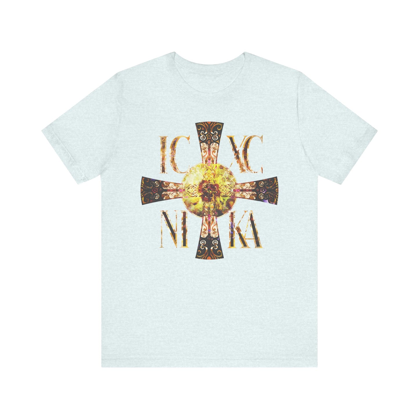 Heather Ice Blue unisex tee with a Celtic style equal-armed ICXC NIKA cross, featuring a bright solar texture on lightweight cotton.