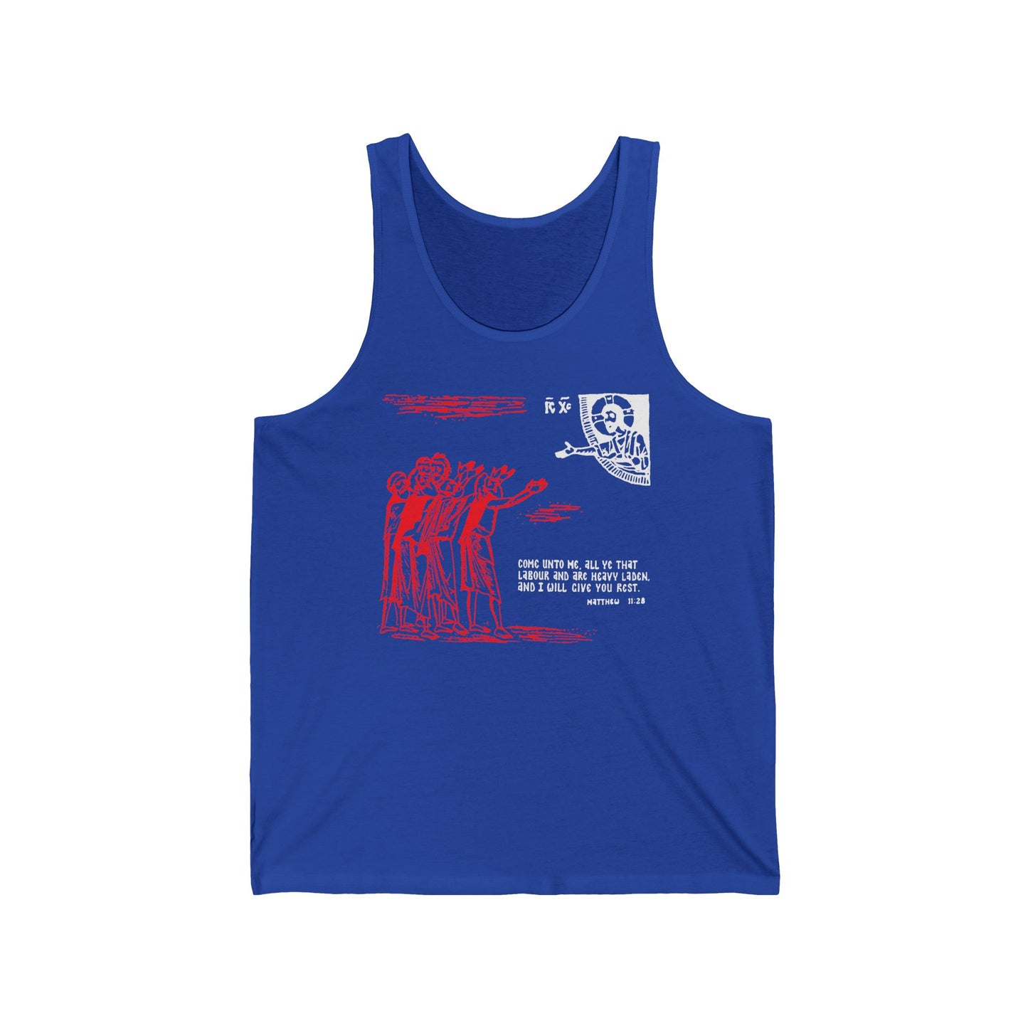 True Royal Orthodox Christian tank top featuring an icono-graphic drawing and text "Come Unto Me All Ye That Labour & Are Heavy Laden (Matt. 11:28)" on the front; inspired by themes of divine nature and the Holy Spirit.