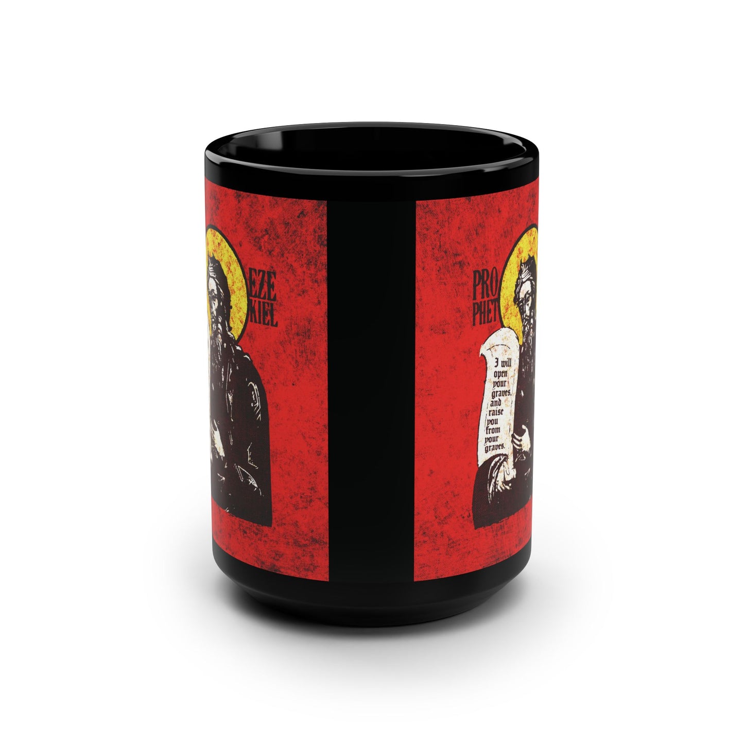 Prophet Ezekiel IconoGraphic | Textured, High Contrast Bright Red and Yellow Design | Old Testament | Orthodox Christian Black Mug